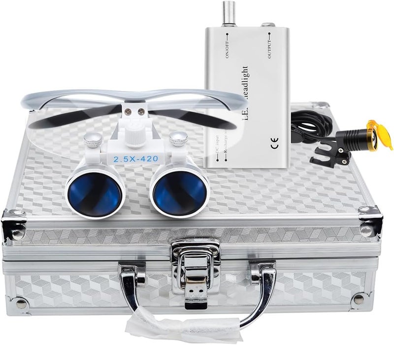 EustomA 2.5X Binocular Loupes Optical Glasses +3W LED Headlight Lamp with Filter + Aluminum Box Silver - Image 1