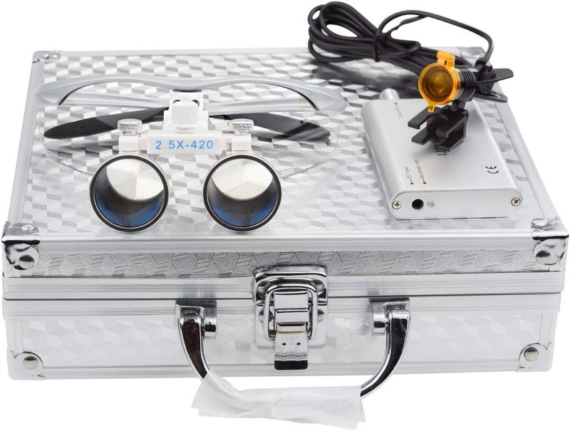 EustomA 2.5X Binocular Loupes Optical Glasses +3W LED Headlight Lamp with Filter + Aluminum Box Silver - Image 5