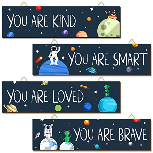 Chunful Chunful 4 Pcs Wooden Space Decor Inspirational Room Space Posters Spaceman Wood Inspirational Wall Decor for Room Bedroom