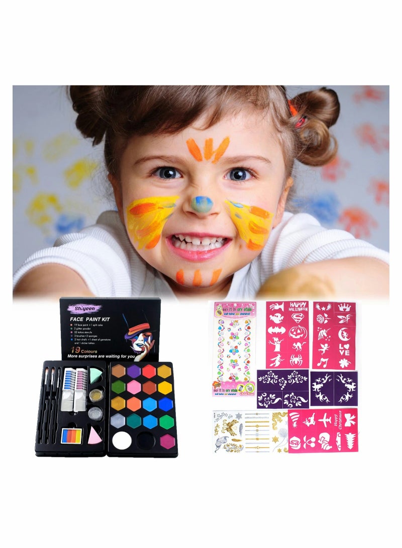 19-Color Washable Face Paint Kit Multicolour with 32 Stencil Stickers, Festivals Makeup Kit, Professional Face Paint Palette, Face Paints Safe for Birthday Party Cosplay - Image 3