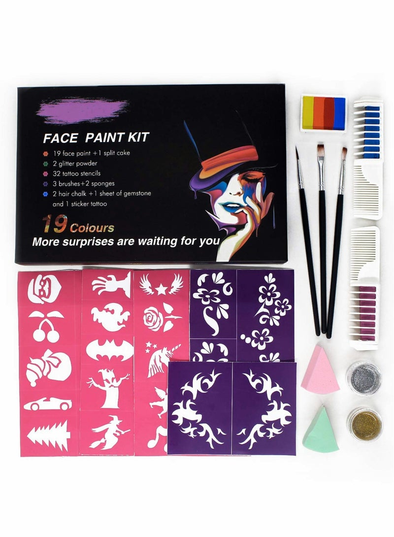 19-Color Washable Face Paint Kit Multicolour with 32 Stencil Stickers, Festivals Makeup Kit, Professional Face Paint Palette, Face Paints Safe for Birthday Party Cosplay - Image 4