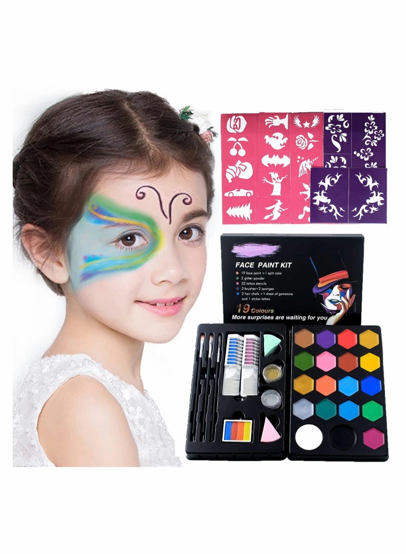 19-Color Washable Face Paint Kit Multicolour with 32 Stencil Stickers, Festivals Makeup Kit, Professional Face Paint Palette, Face Paints Safe for Birthday Party Cosplay - Image 1