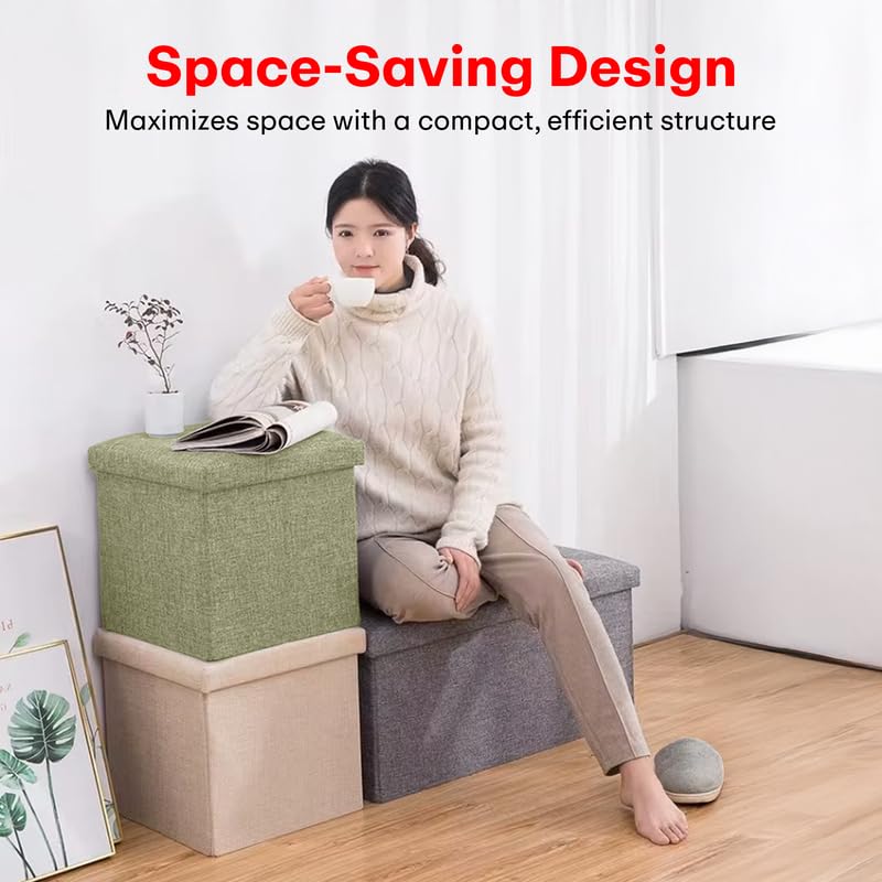 Prime Pick Home Storage Stool Multipurpose Organizer Seat with Cushion Foldable Lightweight Portable Storage Ottoman with Ample Storage for Living Room Bedroom Light Green Pack of 1 - Image 4