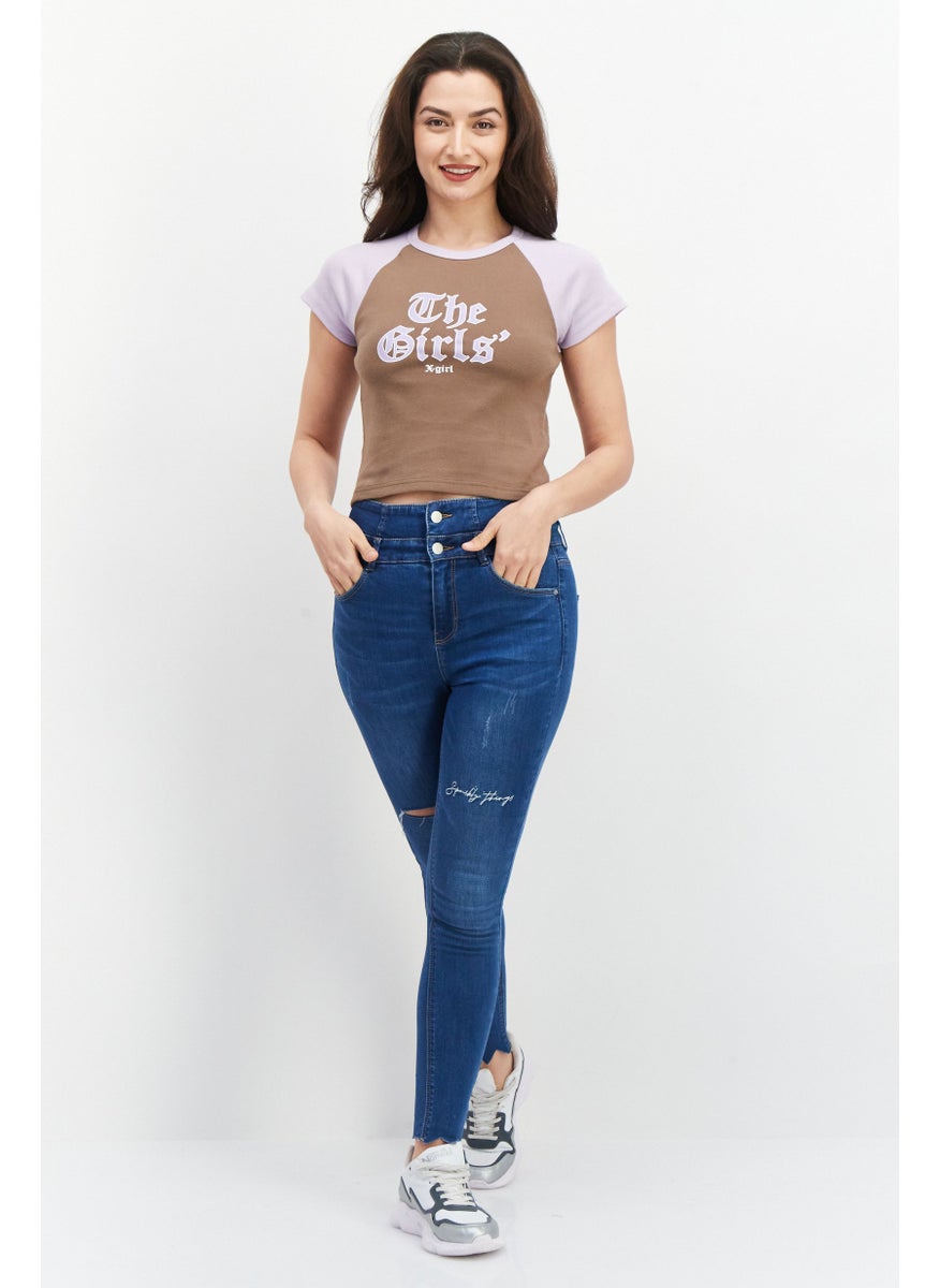 X-Girl Women Round Neck Short Sleeve Graphic Printed T-Shirt, Taupe Combo  - Image 4
