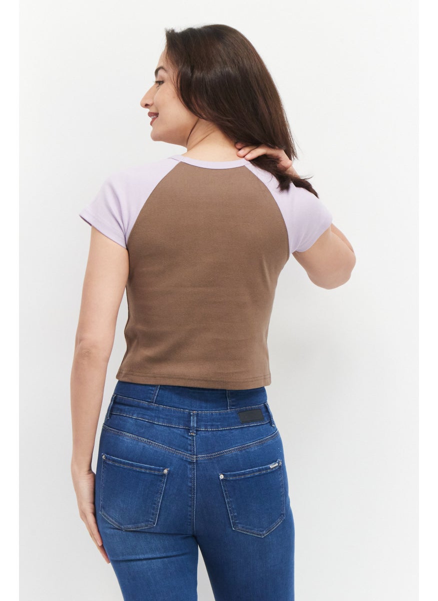 X-Girl Women Round Neck Short Sleeve Graphic Printed T-Shirt, Taupe Combo  - Image 2