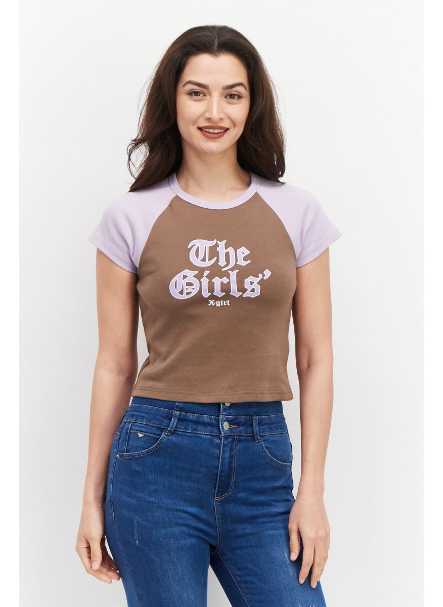 X-Girl Women Round Neck Short Sleeve Graphic Printed T-Shirt, Taupe Combo  - Image 1