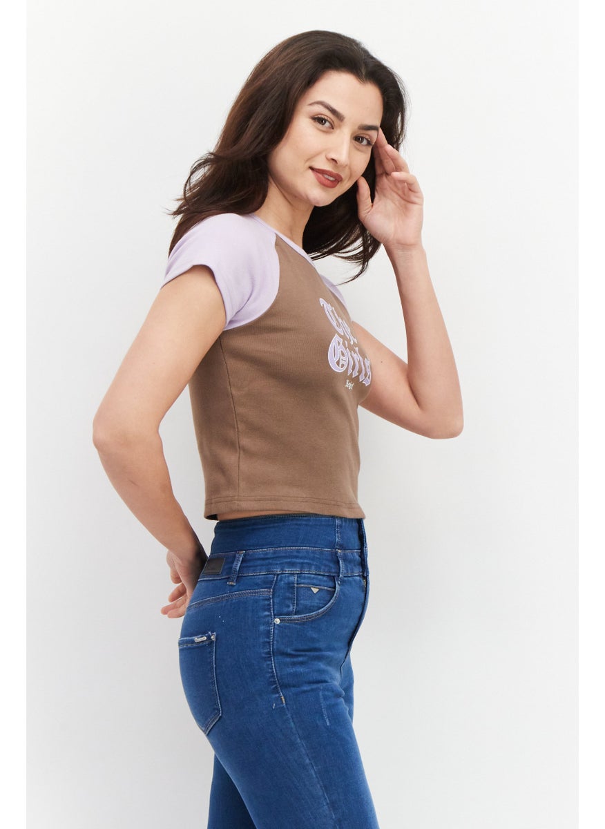 X-Girl Women Round Neck Short Sleeve Graphic Printed T-Shirt, Taupe Combo  - Image 3