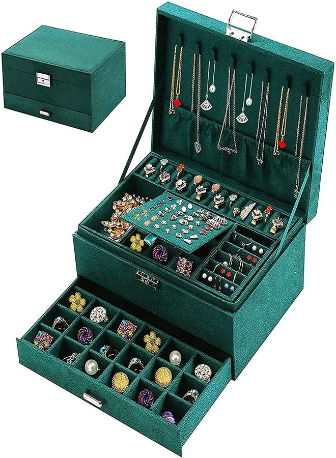 Rexmon Women's Velvet 3 Layer Lockable Portable Travel Jewelry Box (Green) - Image 1