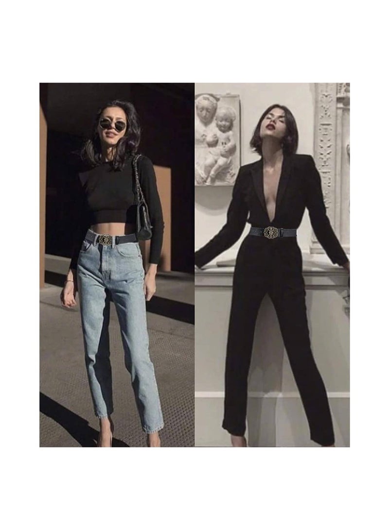 SOLARAE Classic Ladies' Vintage Belt, Women's Leather Belt for Dress Jeans Belt Vintage Genuine Leather Wide Waist Belts, Adjustable Sizing, Simple and Stylish Buckle, for Womenp (Black)(110cm) - Image 3