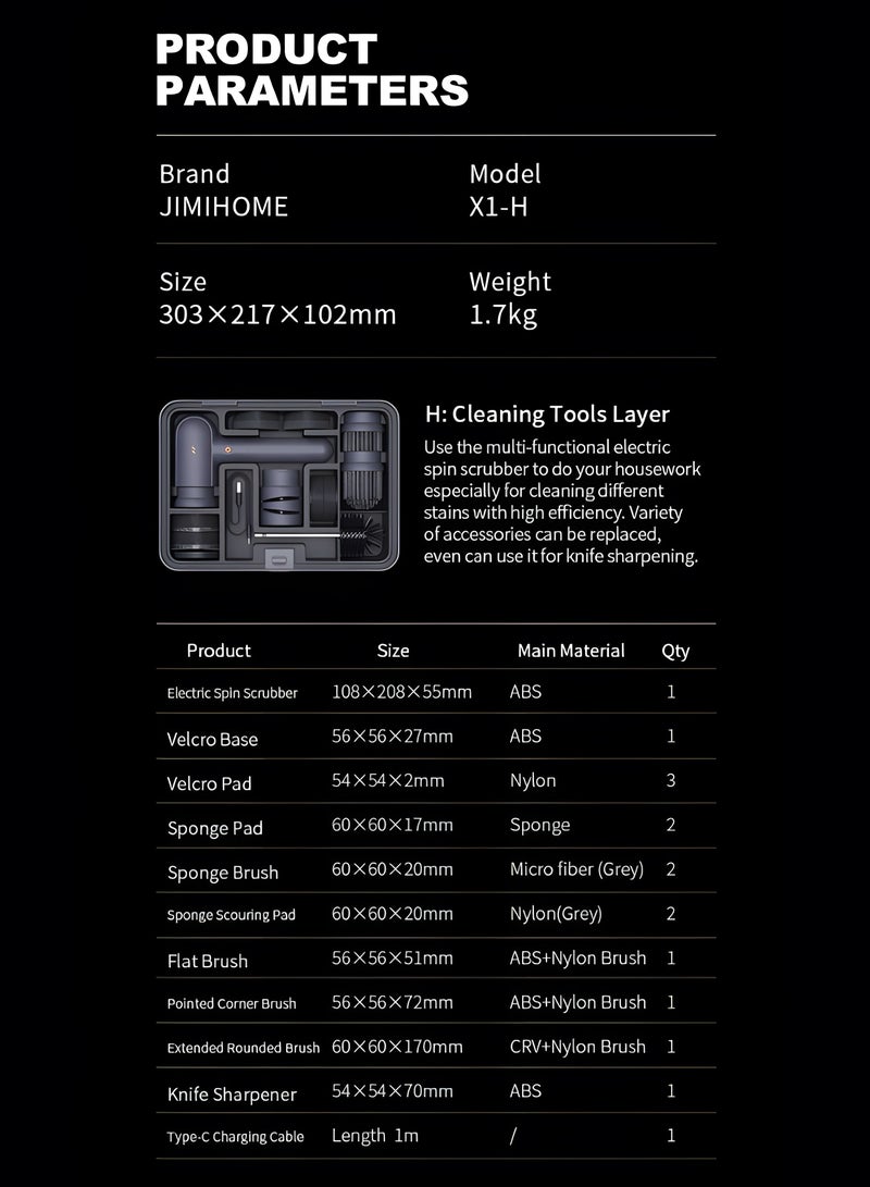 JIMIHOME 17Piece Electric Cleaning Tools Set - Rechargeable Portable Spin Scrubber, 3-Speed Mode, 4 Brush Types, Ideal for tableware, kitchen, heavy oil wall, sink, bathroom, floor, car, window - Image 4