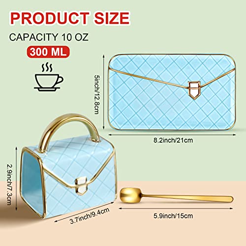Zubebe 1 Set Coffee Mug Elegant Handbag Shaped Cup Modern Ceramic Purse Mug with Spoon and Saucer 10oz Cute Creative Tea Cup for Woman Girls Gift Blue - Image 3