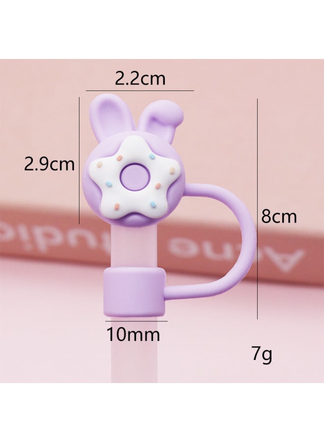 New Large Diameter 10mm Dust-proof Straw Cap Can Be Recycled Cute Milk Tea Cup Thick Straw Plug Manufacturers Supply-Color:Purple Rabbit Ear Donut 10mm-Specifications:Bag With Straw [straw Color Random]] - Image 1