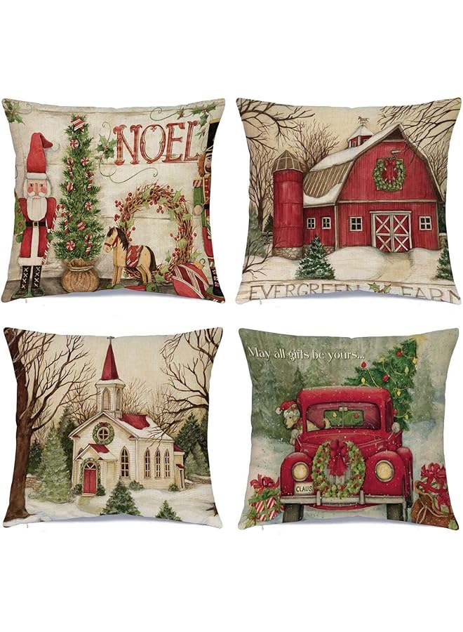 The Bros Christmas Decoration 4 Pack 45 x 45CM Square Pillow Covers - Xmas Series Custom Zippered Cotton Linen Burlap Cushion Pillow Cover (Christmas) - Image 1