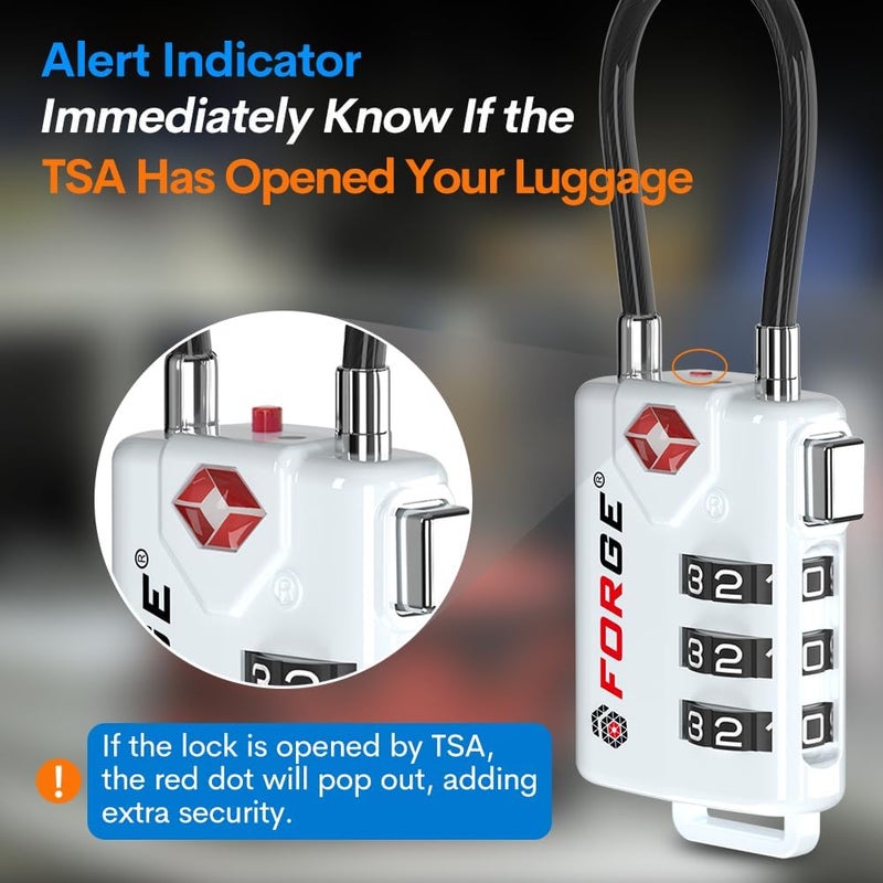 Forge TSA Approved Cable Luggage Locks, Re-settable Combination with Alloy Body (White 4 Locks) - Image 3