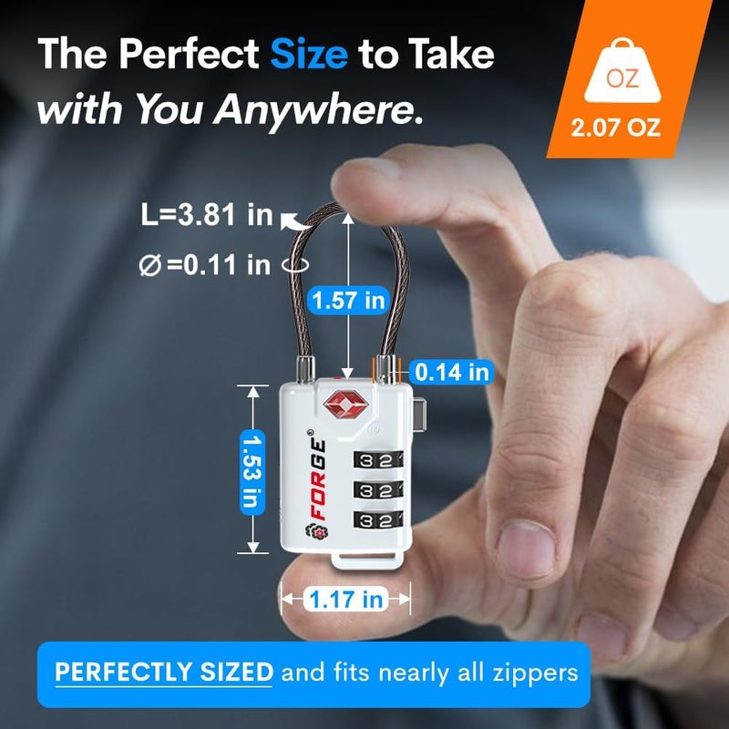 Forge TSA Approved Cable Luggage Locks, Re-settable Combination with Alloy Body (White 4 Locks) - Image 5