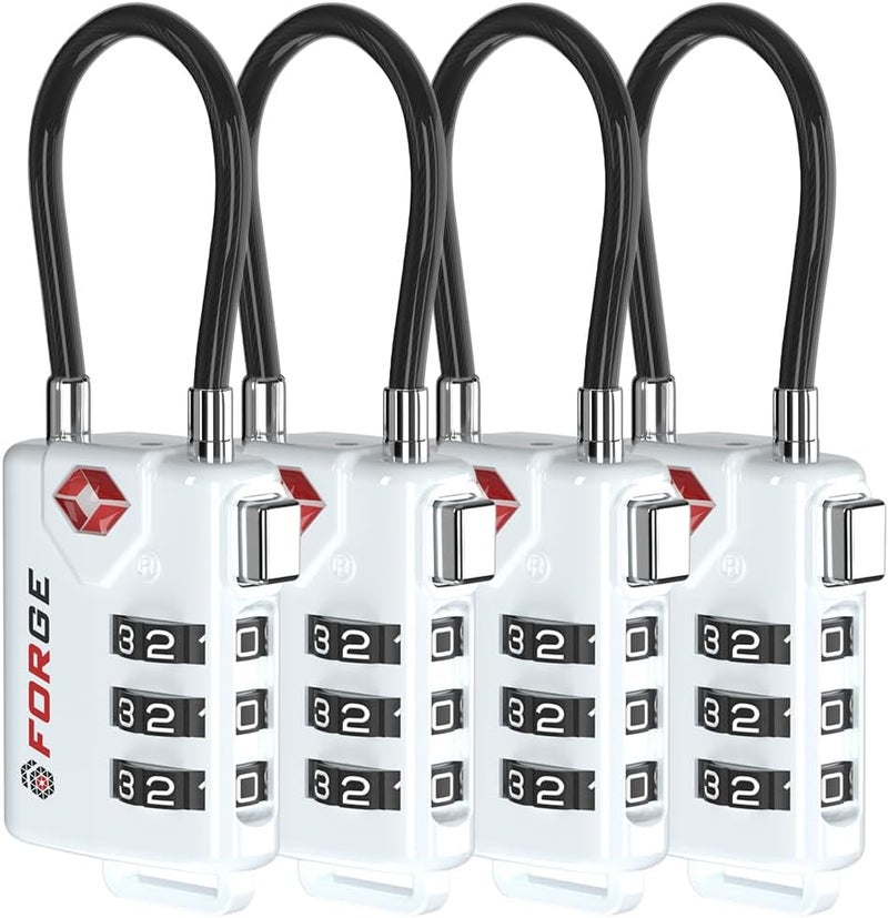 Forge TSA Approved Cable Luggage Locks, Re-settable Combination with Alloy Body (White 4 Locks) - Image 1