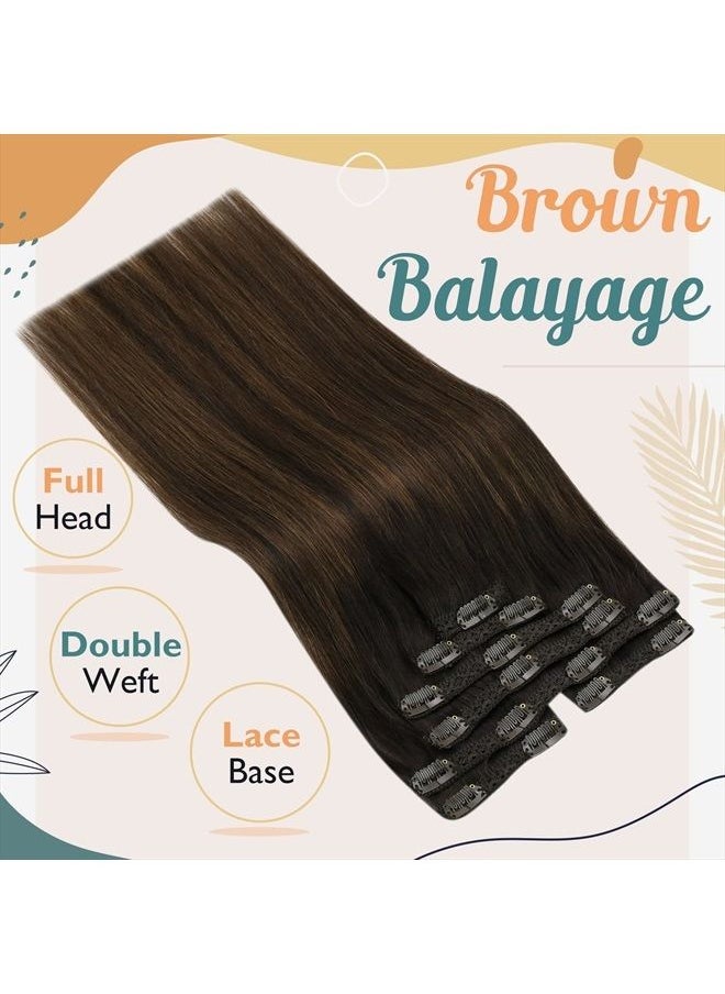 Ve Sunny Sunny Clip in Hair Extensions Human Hair Brown Balayage Clip on Extensions Human Hair Dark Brown Ombre Medium Brown Balayage Clip in Real Hair Extensions Double Weft 7pcs 120g 22inch  - Image 2