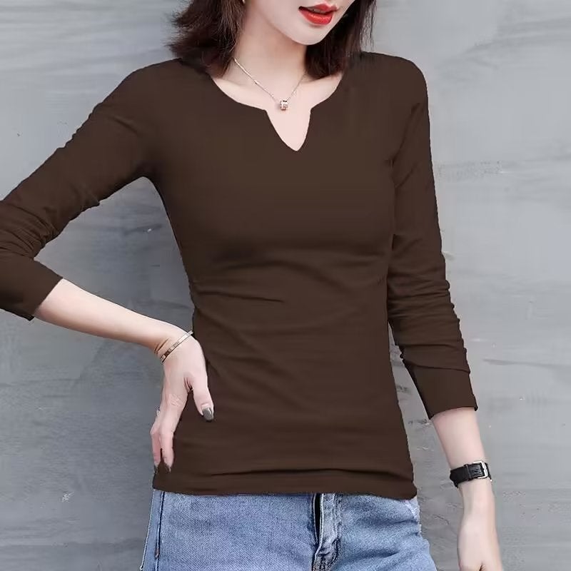 2023 new high quality autumn long sleeve white T-shirt women's slimming slim bottoming shirt V-neck shoulder collar black - Image 1