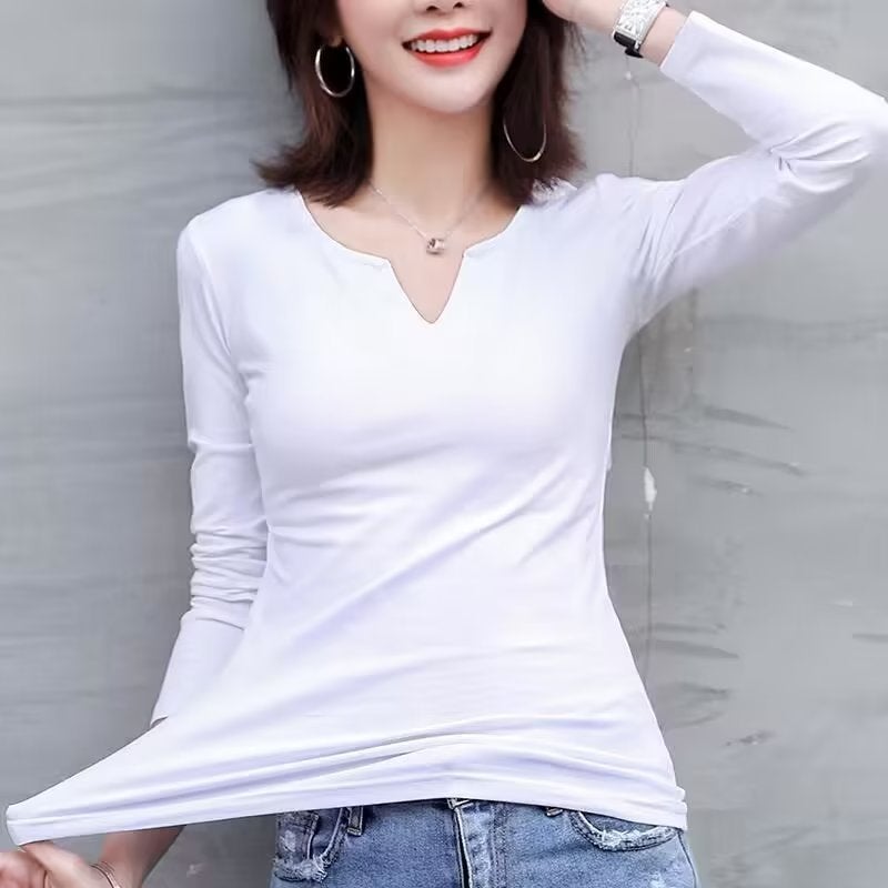 2023 new high quality autumn long sleeve white T-shirt women's slimming slim bottoming shirt V-neck shoulder collar black - Image 5