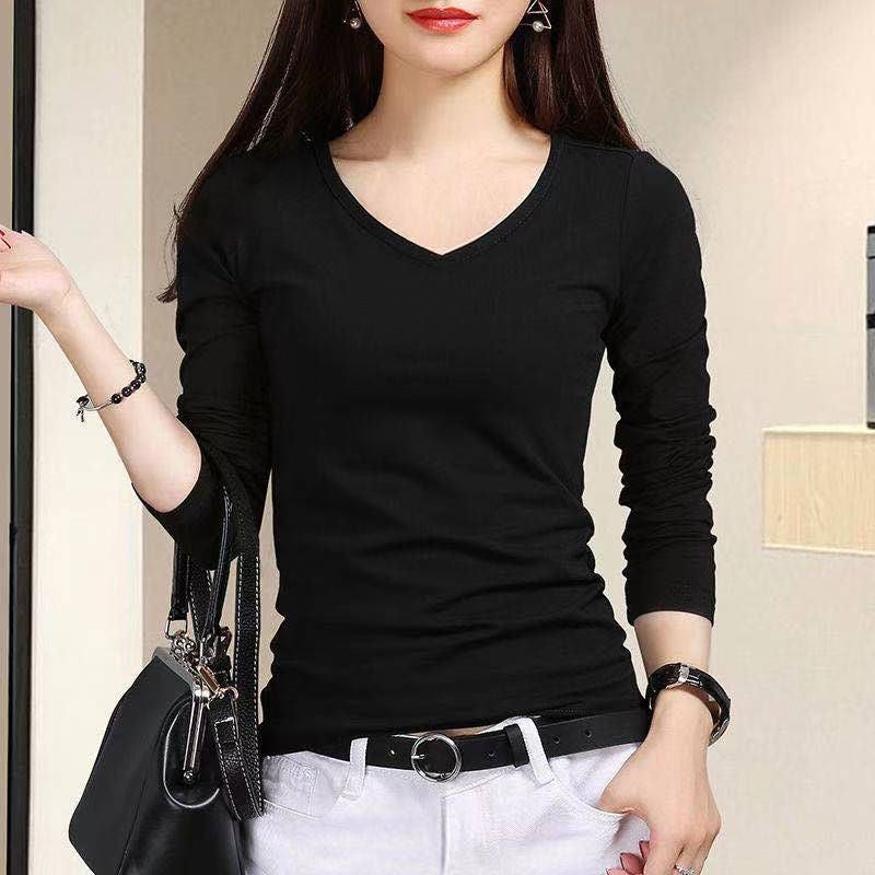 2023 new high quality autumn long sleeve white T-shirt women's slimming slim bottoming shirt V-neck shoulder collar black - Image 4