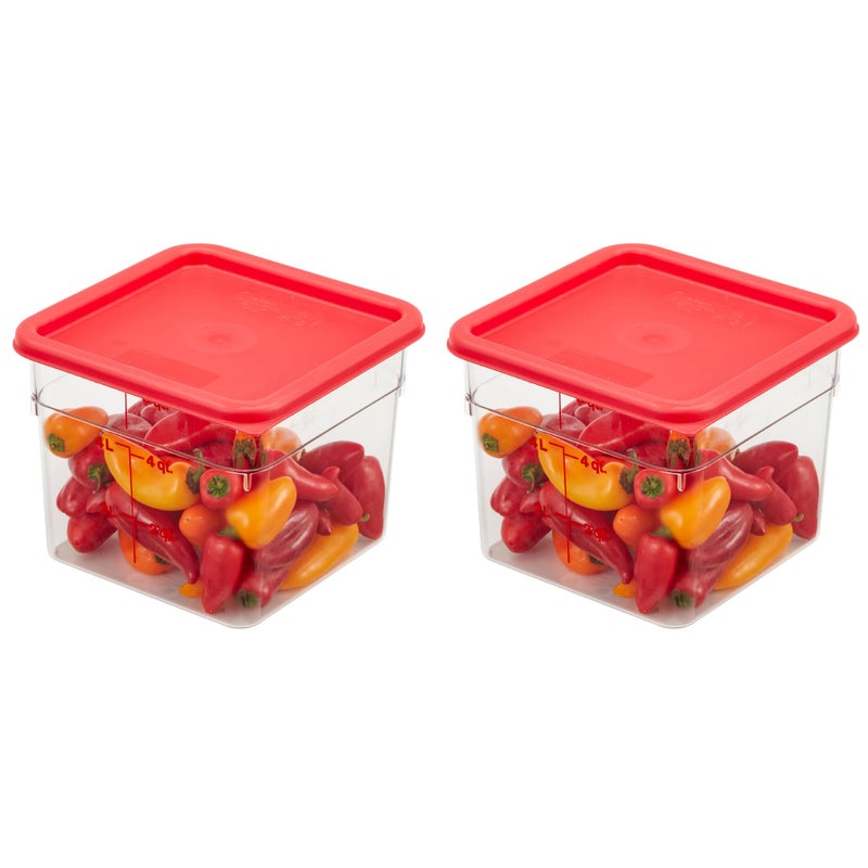 Cambro Food Storage Container with Lid - 6 QT (Quart) Square, Classic Series with Red Lid, Commercial Grade for Food Prep, Clear, 2 Pack - Image 1