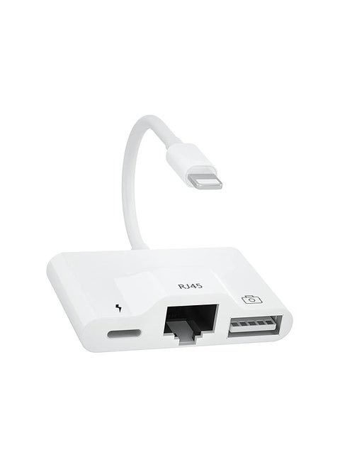 MFi Certified 3-in-1 Ethernet Adapter – RJ45 LAN + USB OTG + Lightning Charging Port – High-Speed 10/100 Mbps – Compatible with iPhone, iPad, iPod – White