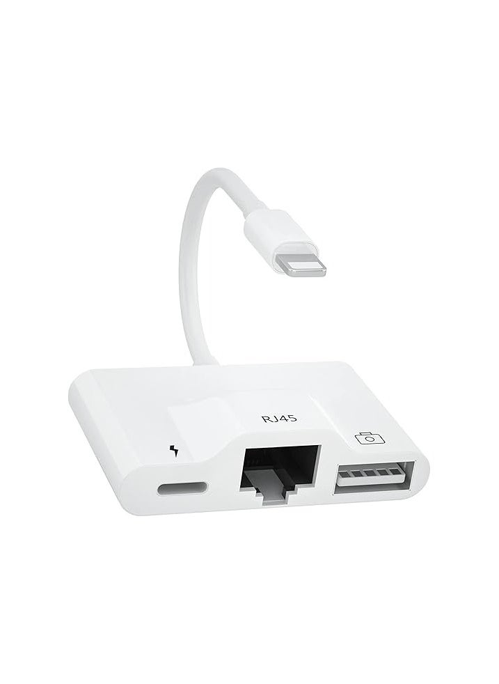 MFi Certified 3-in-1 Ethernet Adapter – RJ45 LAN + USB OTG + Lightning Charging Port – High-Speed 10/100 Mbps – Compatible with iPhone, iPad, iPod – White
