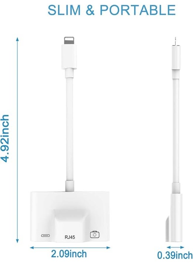 MFi Certified 3-in-1 Ethernet Adapter – RJ45 LAN + USB OTG + Lightning Charging Port – High-Speed 10/100 Mbps – Compatible with iPhone, iPad, iPod – White