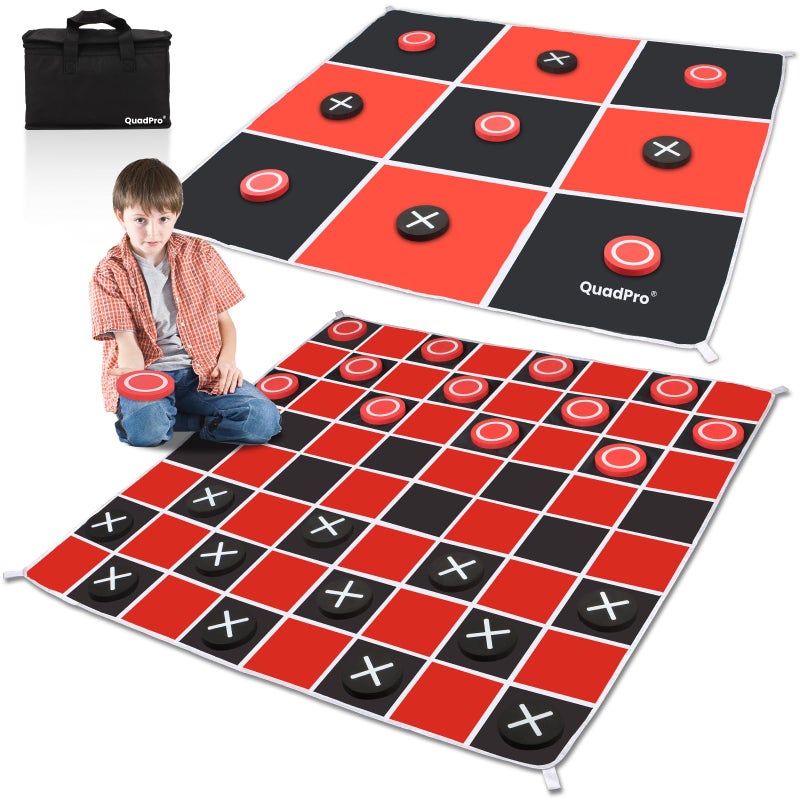 QuadPro 2in1 Giant Checkers Board Game Tic Tac Toe Game Set Jumbo Outdoor Lawn Games with 46x46ft MachineWashable Mat 4 Ground Stakes Perfect Backyard Games for Kids Adults - Image 3