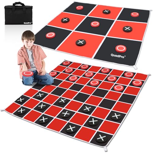 QuadPro 2in1 Giant Checkers Board Game Tic Tac Toe Game Set Jumbo Outdoor Lawn Games with 46x46ft MachineWashable Mat 4 Ground Stakes Perfect Backyard Games for Kids Adults - Image 1