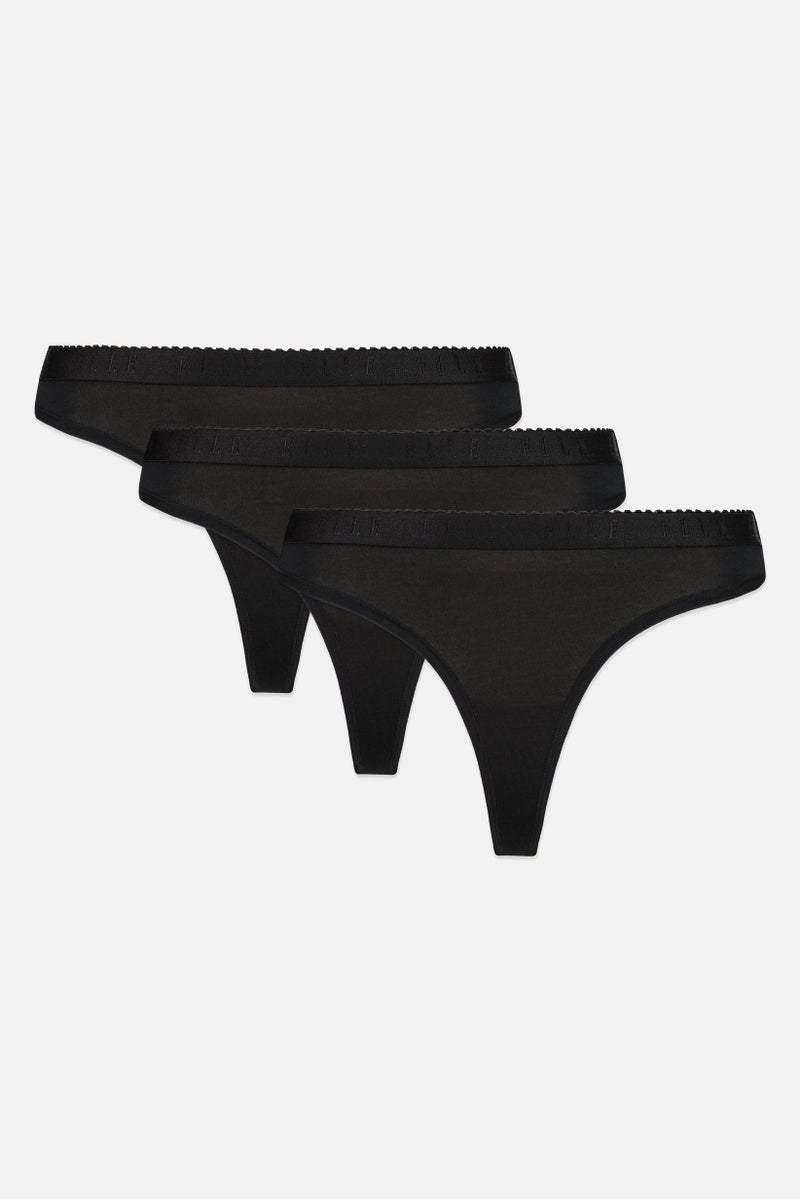 ELLE Women 3 Pieces Embroidered Logo Thong, Black - Image 4