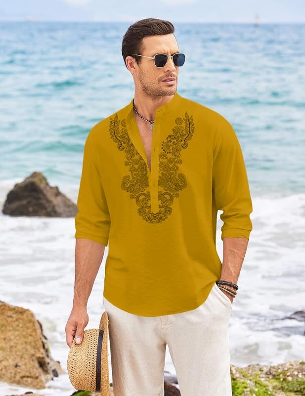 FINIVO FASHION Men’s Cotton Blend Short Kurta with Full Sleeves and Ethnic Neck Design | Casual Crinkle Texture Kurta with Mandarin Collar Gold - Image 3