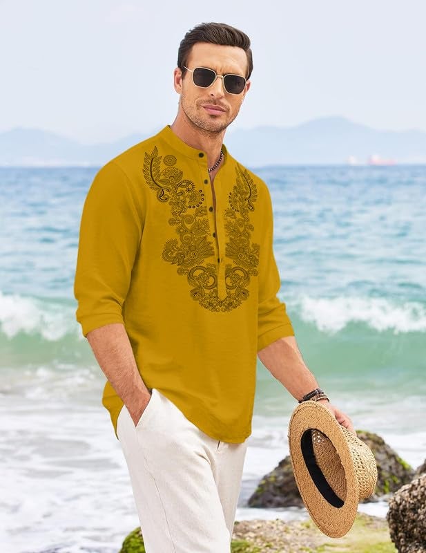 FINIVO FASHION Men’s Cotton Blend Short Kurta with Full Sleeves and Ethnic Neck Design | Casual Crinkle Texture Kurta with Mandarin Collar Gold - Image 2
