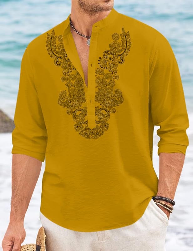FINIVO FASHION Men’s Cotton Blend Short Kurta with Full Sleeves and Ethnic Neck Design | Casual Crinkle Texture Kurta with Mandarin Collar Gold - Image 4