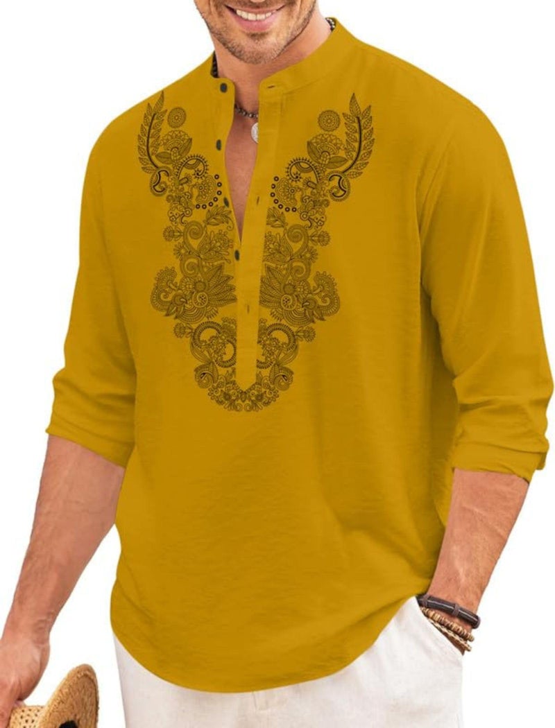 FINIVO FASHION Men’s Cotton Blend Short Kurta with Full Sleeves and Ethnic Neck Design | Casual Crinkle Texture Kurta with Mandarin Collar Gold - Image 1