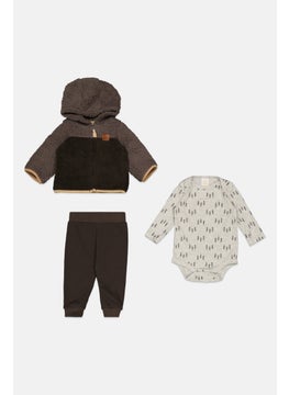 Toddlers Boy 3 Pair Allover Print Romper And Brand Logo Hood Sweatshirt, Grey