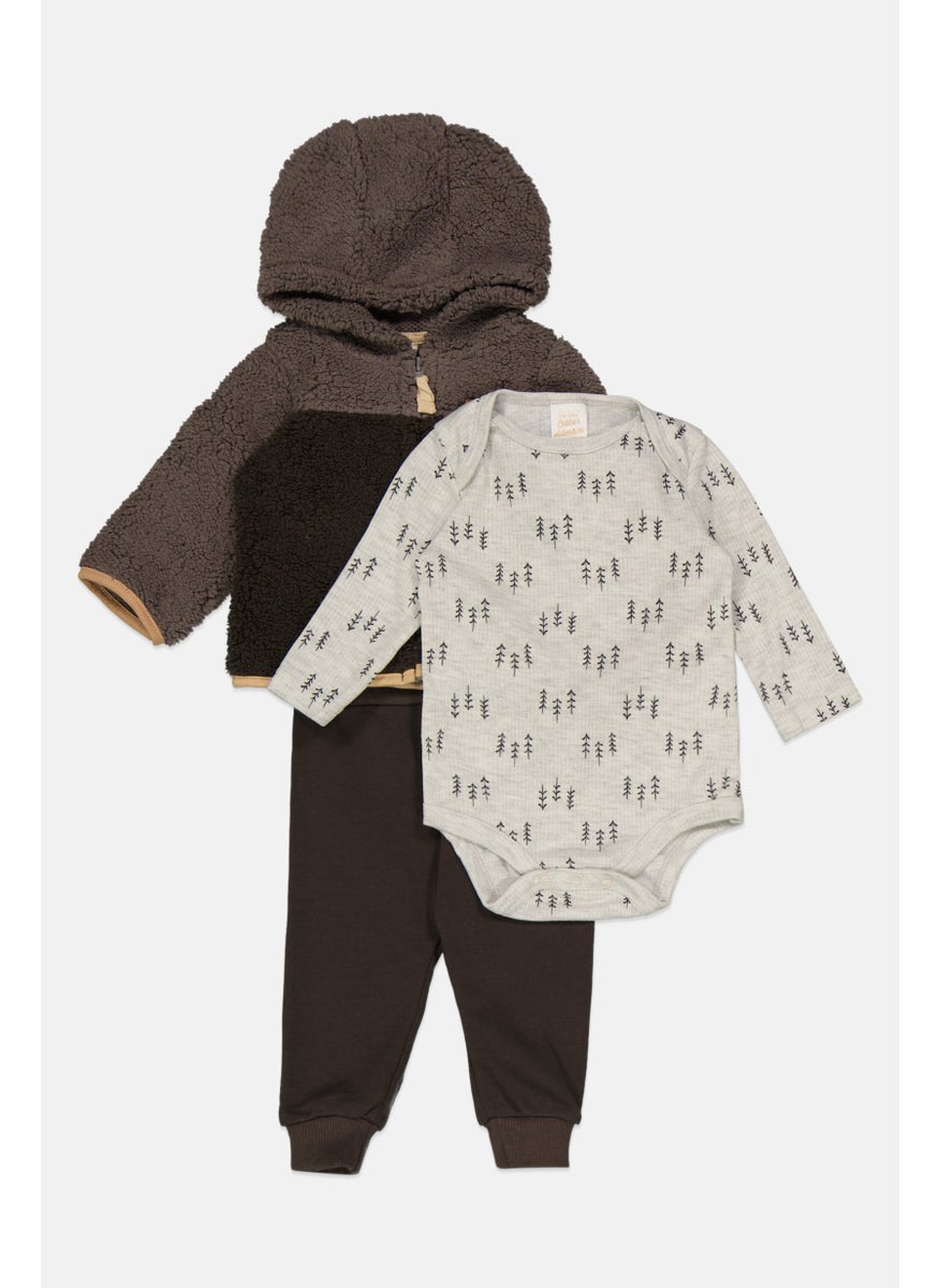 Bon Bebe - Toddlers Boy 3 Pair Allover Print Romper And Brand Logo Hood Sweatshirt, Grey - Image 1