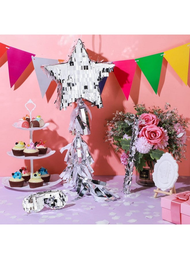 Sratte Star Pinata With Tassel Mini Silver Foldable Pinata Festive Star Pinata With Stick Blindfold Confetti Foil Pinata 12 X 12 X 3 Inch For Kids Adults Anniversary Mexican Birthday Baby Shower Party - Image 3