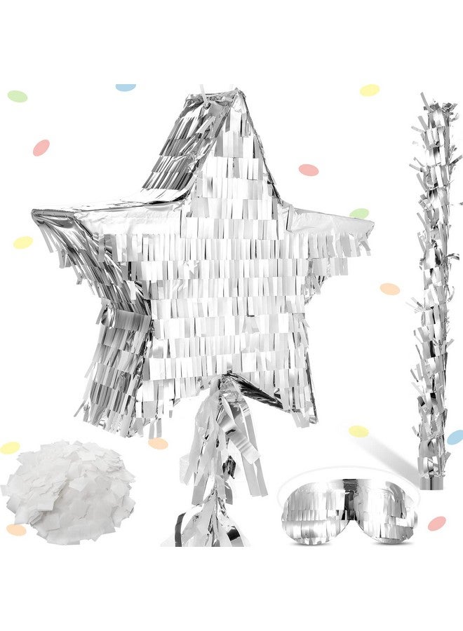 Sratte Star Pinata With Tassel Mini Silver Foldable Pinata Festive Star Pinata With Stick Blindfold Confetti Foil Pinata 12 X 12 X 3 Inch For Kids Adults Anniversary Mexican Birthday Baby Shower Party - Image 2