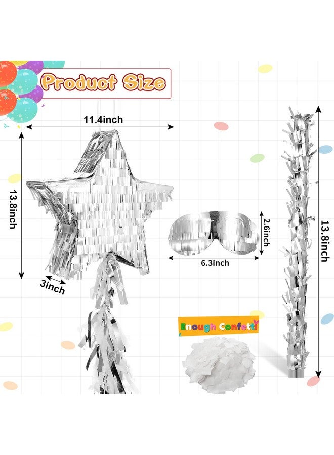 Sratte Star Pinata With Tassel Mini Silver Foldable Pinata Festive Star Pinata With Stick Blindfold Confetti Foil Pinata 12 X 12 X 3 Inch For Kids Adults Anniversary Mexican Birthday Baby Shower Party - Image 4