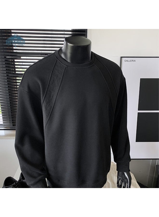 Dingfengbaoluo American Style Crewneck Sweatshirt Men Autumn Patchwork Deconstructed Solid Color Loose Casual Long Sleeve Wpc27 Black L - Image 1