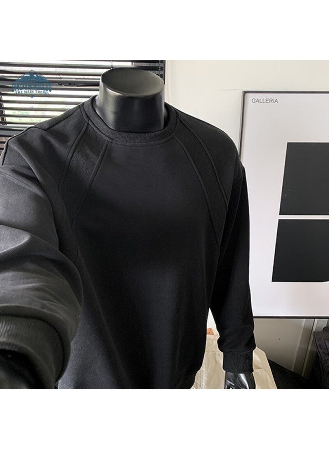 Dingfengbaoluo American Style Crewneck Sweatshirt Men Autumn Patchwork Deconstructed Solid Color Loose Casual Long Sleeve Wpc27 Black L - Image 2