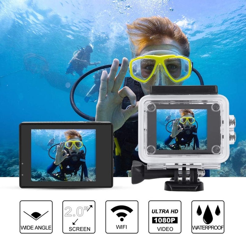 cheekyglo Action Camera, 1080P 30fps 12MP HD 30M Waterproof Sports Camera 2 Inch Touch Screen with Accessories for Vlogging, Diving, Skiing(Black) - Image 3