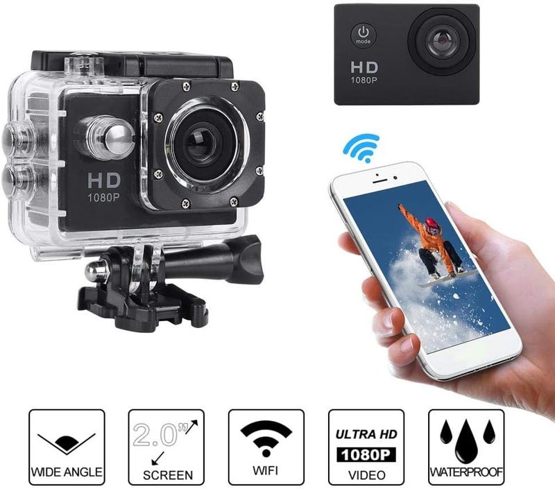 cheekyglo Action Camera, 1080P 30fps 12MP HD 30M Waterproof Sports Camera 2 Inch Touch Screen with Accessories for Vlogging, Diving, Skiing(Black) - Image 2