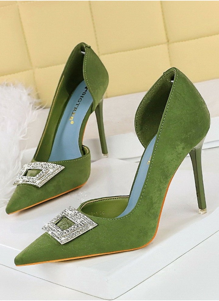 BIGTREE Women's Elegant Satin Closed Pointed Toe High Heels Rhinestone Decoration Stiletto Pumps Green 10.5CM  - Image 1