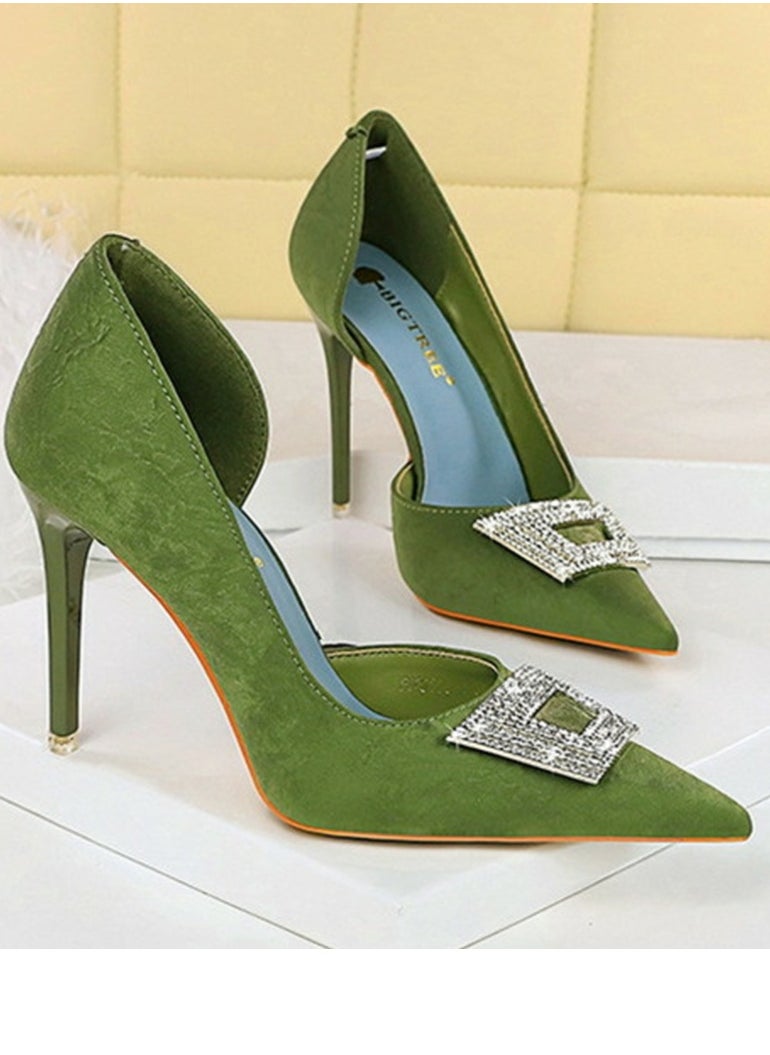 BIGTREE Women's Elegant Satin Closed Pointed Toe High Heels Rhinestone Decoration Stiletto Pumps Green 10.5CM  - Image 2