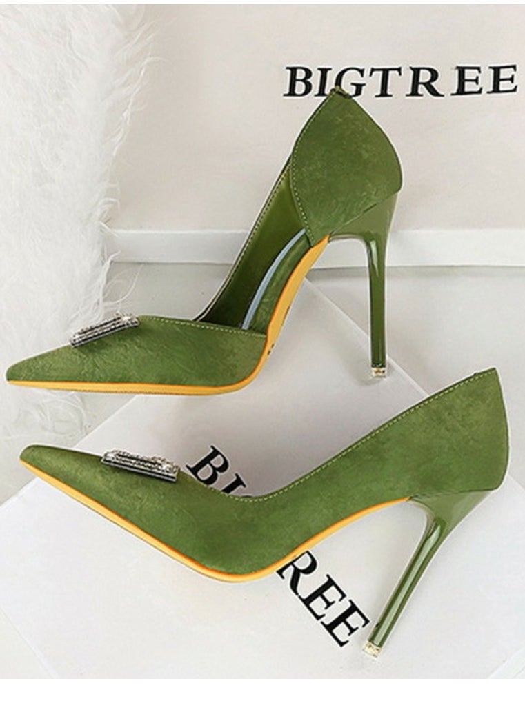 BIGTREE Women's Elegant Satin Closed Pointed Toe High Heels Rhinestone Decoration Stiletto Pumps Green 10.5CM  - Image 3
