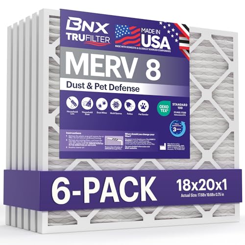 BNX TruFilter 18x20x1 Air Filter MERV 8 6Pack MADE IN USA Dust Pet Defense Electrostatic Pleated Air Conditioner HVAC AC Furnace Filters for Dust Pet Mold Pollen MPR 600 700 FPR 5