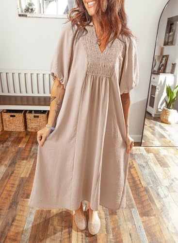 Dokotoo Womens 2026 Casual Dresses V Neck Short Sleeve Empire Waist A-Line Long Dresses for Women Summerl Clothes Oatmeal Medium - Image 2