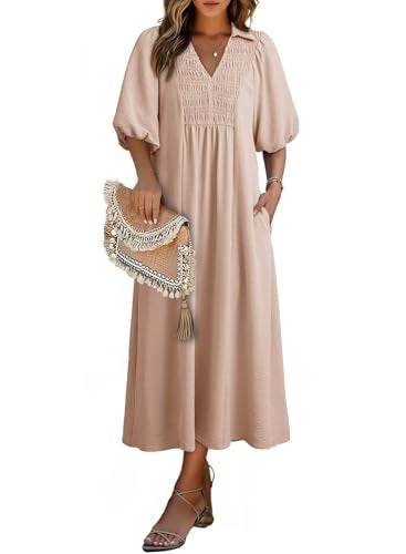 Dokotoo Womens 2026 Casual Dresses V Neck Short Sleeve Empire Waist A-Line Long Dresses for Women Summerl Clothes Oatmeal Medium - Image 1